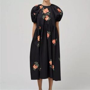 Naya Rea Cotton Floral Muted Blue Oversized Smock Dress, Size XL, Off Shoulder